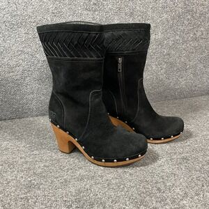 UGG Annaliza Black Suede Leather Boots sz 9‎ Wooden Heels Studs Floral Lining